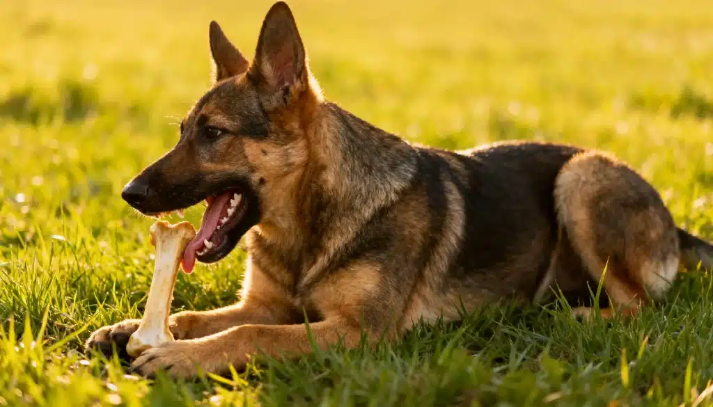 Tan and black German Shepherd dog lying in bright green grass chewing a large bone