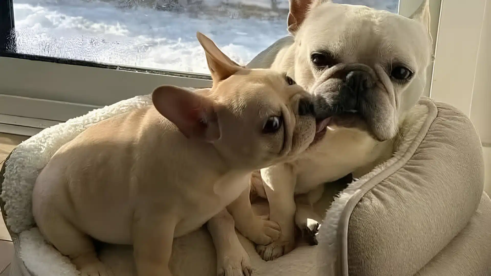 One French and English bulldog are snuggled together in a dog bed indoors, with a window showing a snowy outdoor scene