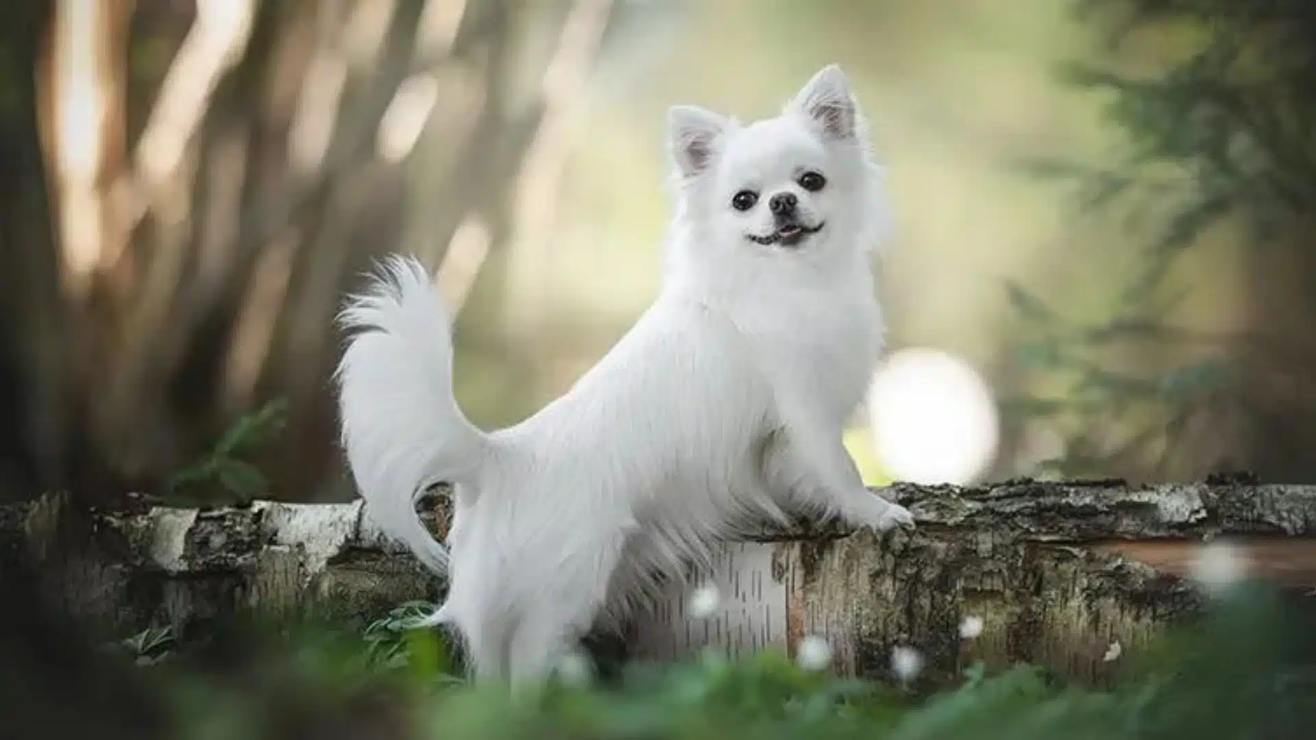 Fluffy white long haired Chihuahua standing on a mossy log outdoors with a soft green and brown bokeh background